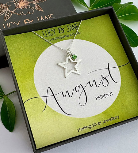 Sterling Silver Large Open Star Birthstone Necklace