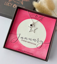 Load image into Gallery viewer, sterling silver birthstone star necklace for January 