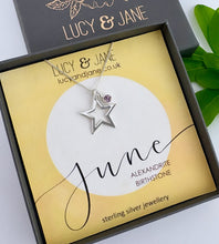 Load image into Gallery viewer, sterling silver large star birthstone necklace for June in a Lucy and Jane gift box