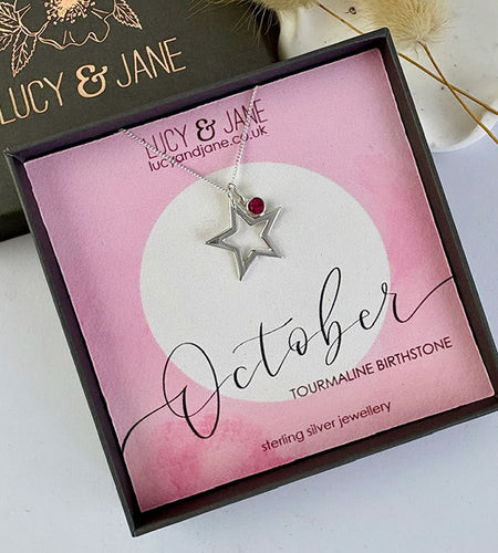 sterling silver open star birthstone necklaec for October birthdays