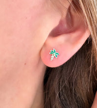 Load image into Gallery viewer, sterling silver green palm tree earrings in a model's ear