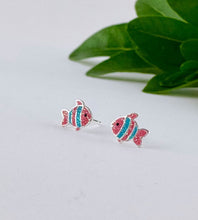 Load image into Gallery viewer, sterling silver pink and blue glittery fish earrings