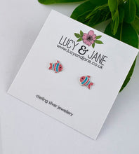 Load image into Gallery viewer, sterling silver fish earrings with blue and pink stripes.  On a Lucy and Jane backing card