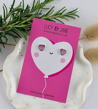 Load image into Gallery viewer, sterling silver pink glittery heart studs for children.  Displayed on a cute heart valentine's card