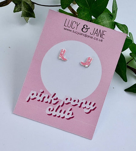 sterling silver pink cowboy boot earrings inpsired by Pink Pony Club