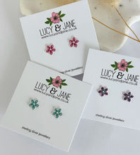 Load image into Gallery viewer, three sterling silver sparkly flower earrings in pink, blue and purple