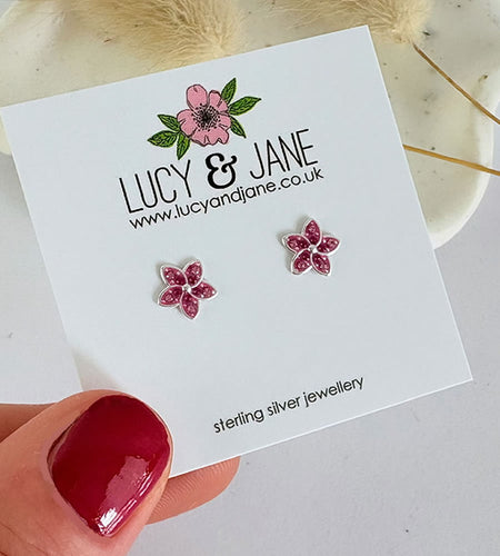 sterling silver sparkly pink flower stud earrings on a Lucy and Jane backing card.