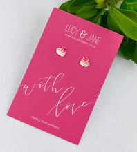 Load image into Gallery viewer, sterling silver pink stripe heart studs on with love card