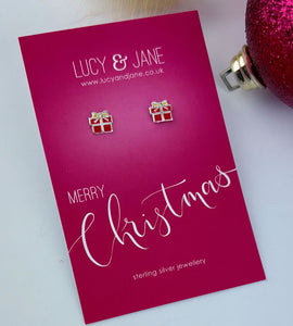 sterling silver red parcel stud earrings on a Merry Christmas backing card