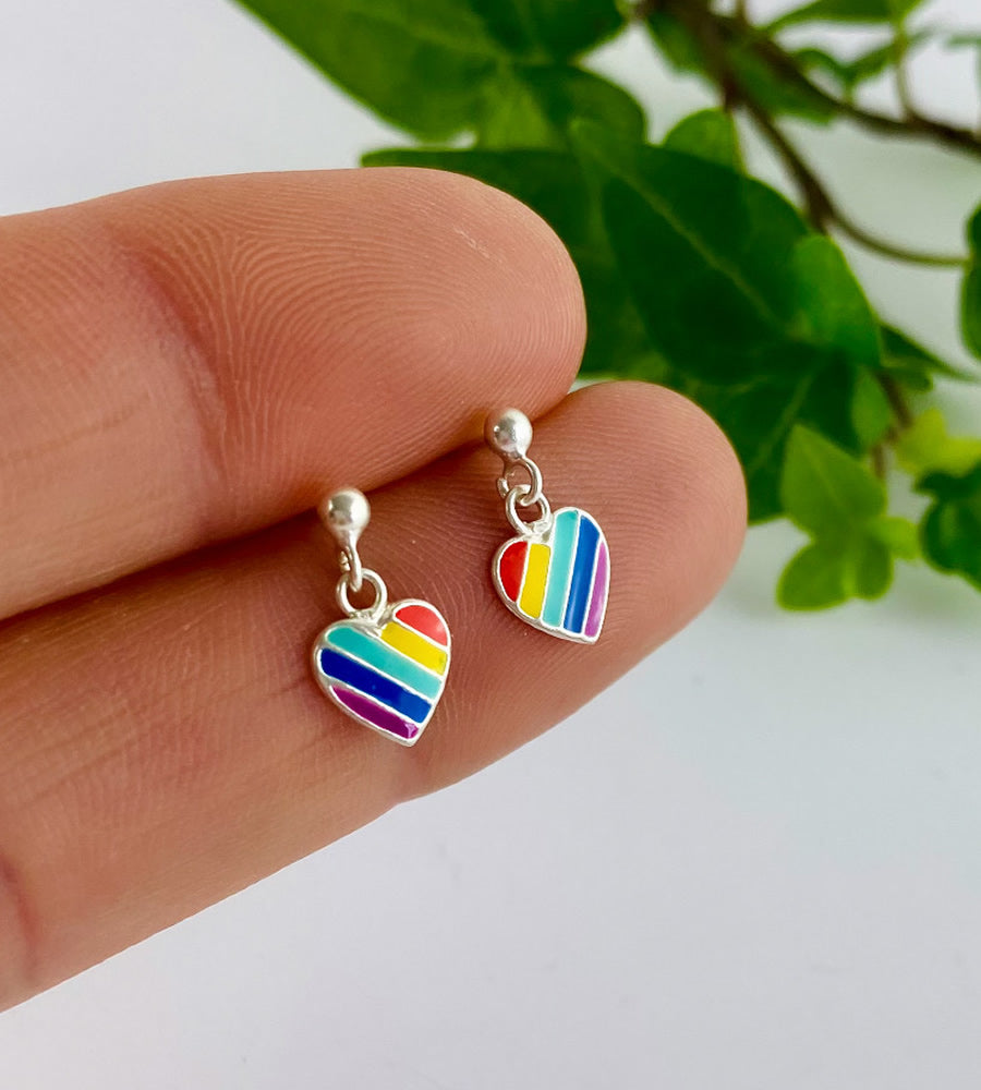 sterling silver rainbow heart drop earrings for pride