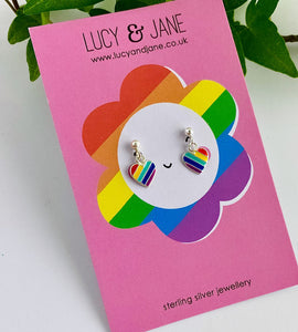 sterling silver rainbow heart drop earrings on pride earring card