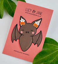 Load image into Gallery viewer, sterling silver ghost and pumpkin earrings on a cute Halloween design Lucy and Jane earring card