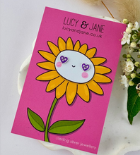 Load image into Gallery viewer, sterling silver purple heart stud earrings for children on a cheerful sunflower backing card