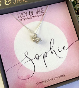 sterling silver rabbit necklace with persnoalised hand lettered backing card