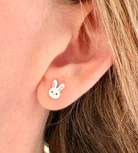 Load image into Gallery viewer, sterling silver rabbit earrings for children in a model's ear