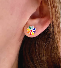 Load image into Gallery viewer, sterling silver rainbow flower stud earrings in model's ear