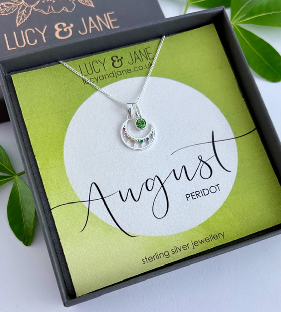 Sterling Silver Rainbow Moon Birthstone Necklace