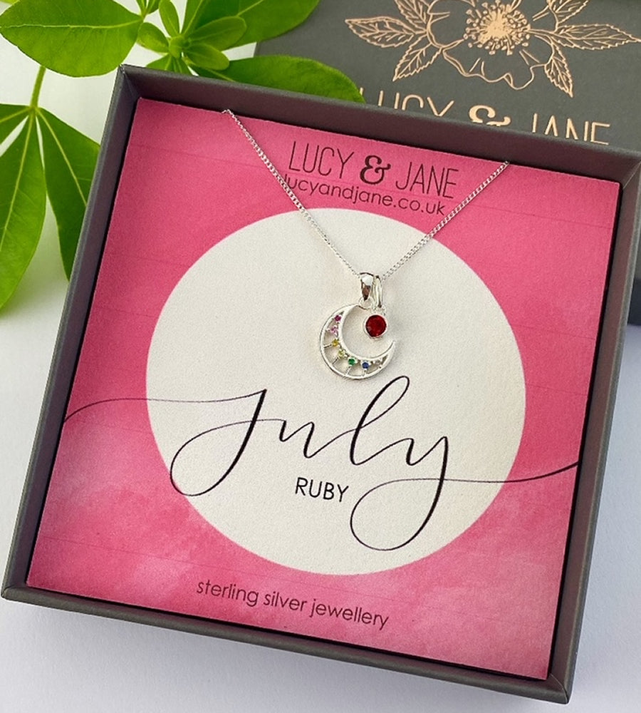 sterling silver moon july birthstone necklace