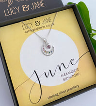 Load image into Gallery viewer, sterling silver rainbow moon birthstone necklace in a Lucy and Jane necklace gift box