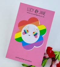 Load image into Gallery viewer, Colorful rainbow-themed earrings on a pink card with 'Lucy &amp; Jane' branding.