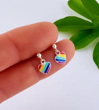 Load image into Gallery viewer, sterling silver pride rainbow heart drop earrings