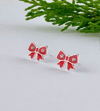 Load image into Gallery viewer, sterling silver red Christmas bow stud earrings - christmas earrings for children and adults
