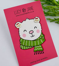 Load image into Gallery viewer, sterling silver santa head stud earrings on a Christmas polar bear earring card.  Fun Christmas earrings for children and adults.