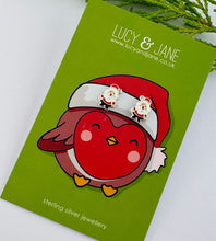 Load image into Gallery viewer, Pair of sterling silver santa studs on a Lucy and Jane festive earring card