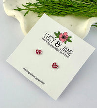 Load image into Gallery viewer, sterling silver pink sparkly heart studs for children on a Lucy and Jane backing card