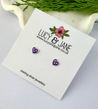 Load image into Gallery viewer, sterling silver purple sparkly heart earrings for children on a Lucy and Jane card