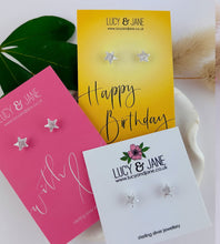 Load image into Gallery viewer, sterling silver sparkly star stud earrings on a choice of backing cards - a pink 'with love' card, yellow 'happy birthday' card or a white Lucy and Jane earring card