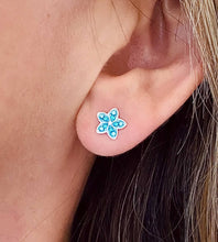 Load image into Gallery viewer, sterling silver blue sparkle flower studs in ear