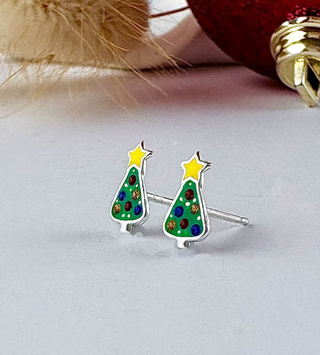 sterling silver christmas tree stud earrings with colourful sparkles