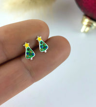 Load image into Gallery viewer, sterling silver green christmas tree earrings with colourful crystals and a yellow star