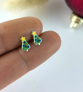 sterling silver green christmas tree earrings with colourful crystals and a yellow star