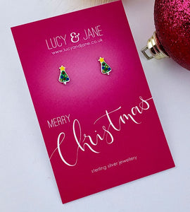 sterling silver christmas tree earrings on a merry christmas backing card