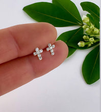 Load image into Gallery viewer, sterling silver sparkly cross stud earrings