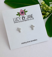 Load image into Gallery viewer, sterling silver sparkly cross stud earrings on a Lucy and Jane earring card