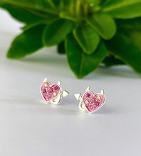 Load image into Gallery viewer, sterling silver pink sparkly devil heart stud earrings