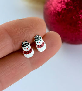 cute sterling silver snowmen studs in white, with black hats and red scarves.  Earrings for children