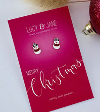 Load image into Gallery viewer, sterling silver sparkly snowman stud earrings on a Merry Christmas backing card