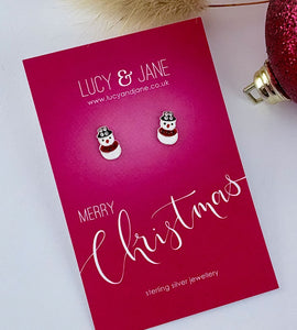 sterling silver sparkly snowman stud earrings on a Merry Christmas backing card