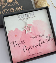 Load image into Gallery viewer, sterling silver star necklace on a personalised thank you teacher card