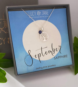 sterling silver tree of life birthstone necklace for september