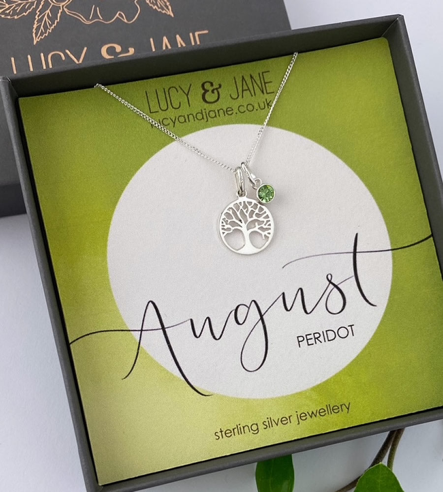 sterling silver tree of life birthstone necklace for august