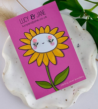 Load image into Gallery viewer, sterling silver pink tulip earrings on a cheery sunflower design backing card