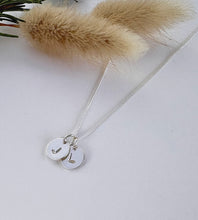 Load image into Gallery viewer, sterling silver two initials necklace.  Sterling silver chain with two small silver discs hand stamped with your choice of letters.