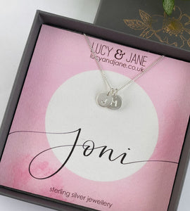 Sterling silver two initials necklace with a personalised name backing card