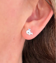 Load image into Gallery viewer, sterling silver whale stud earrings in model's ear