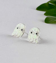 Load image into Gallery viewer, sterling silver white glitter ghost studs for kids and people who love halloween